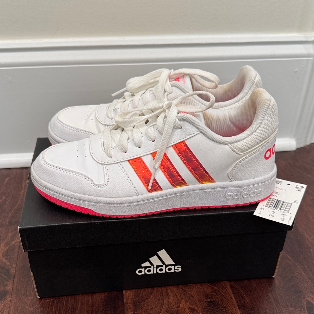 LIMITED EDITION - Adidas Hoops 2.0 White & Neon Iridescent Orange Sneakers, sz 6